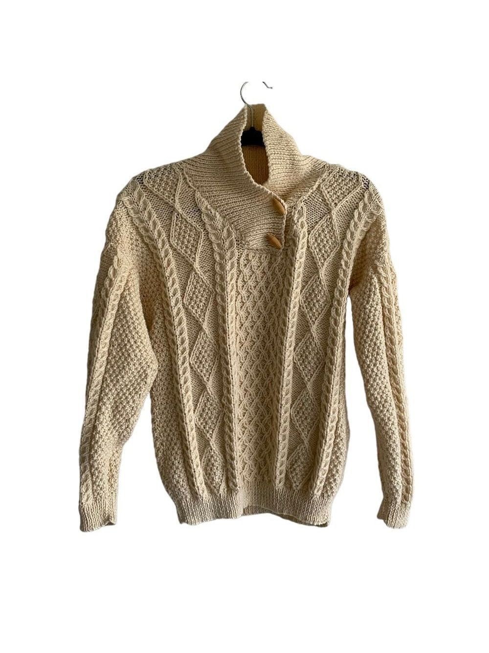 Hand Knit Wool Chunky Knit Shawl Collar Sweater Cream M